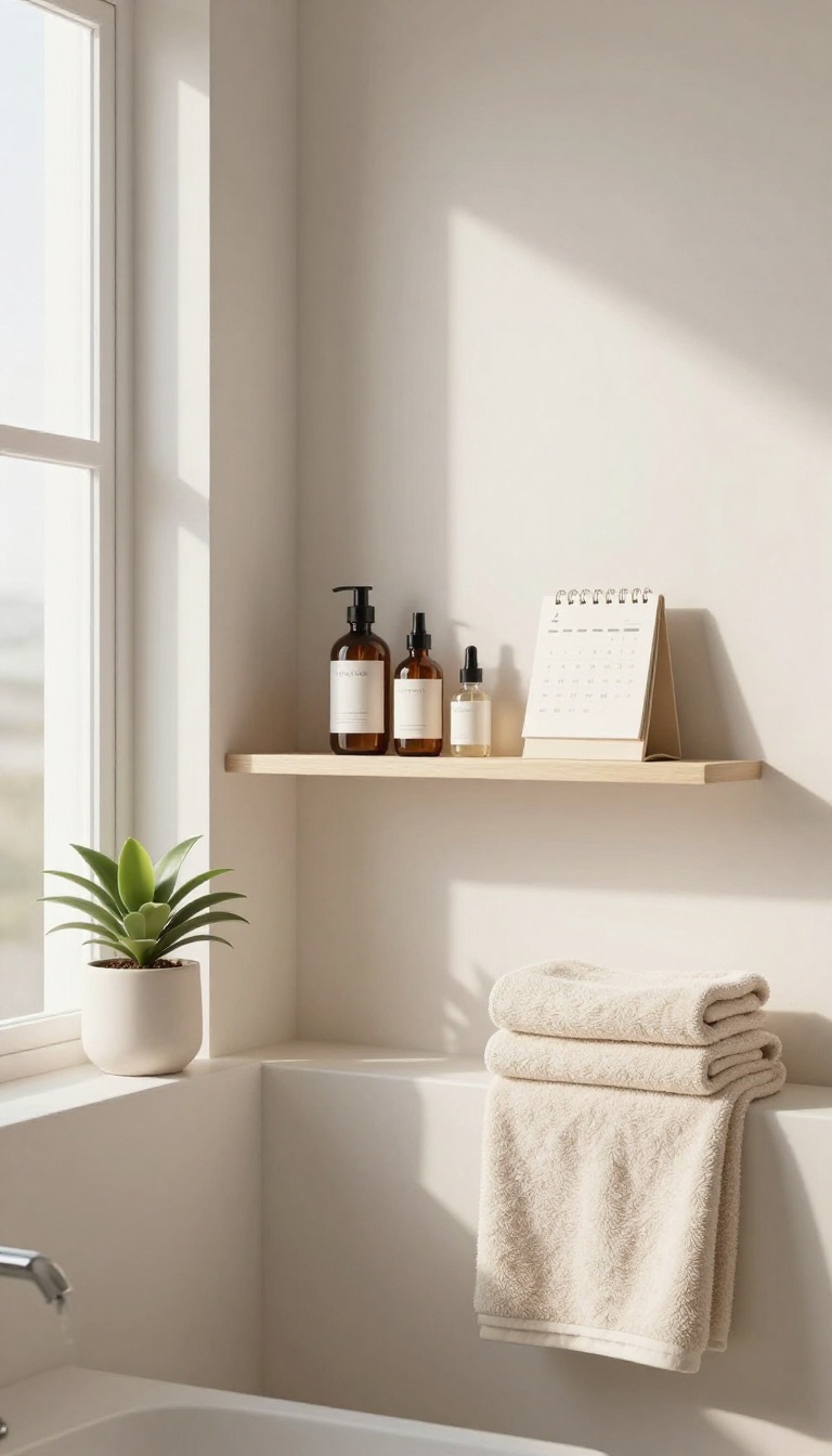 A calm bathroom shelf with skincare products and a calendar, symbolizing a consistent body care routine.