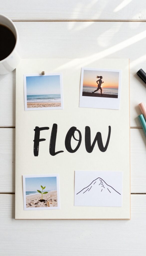 Vision board with the word FLOW in the center, surrounded by minimal inspirational images on a bright desk