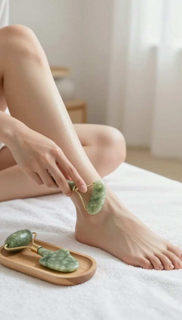 Woman using a jade roller on her leg during a nighttime body care routine, with a gua sha tool nearby.