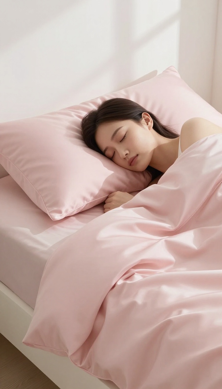 Close-up of a smooth silk pillowcase in a bright, serene bedroom, symbolizing a peaceful night's sleep for skin health
