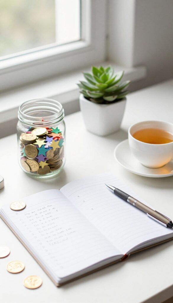 A glass jar filled with colorful stars and coins on a desk with a notebook and checklist, symbolizing celebrating small wins.
