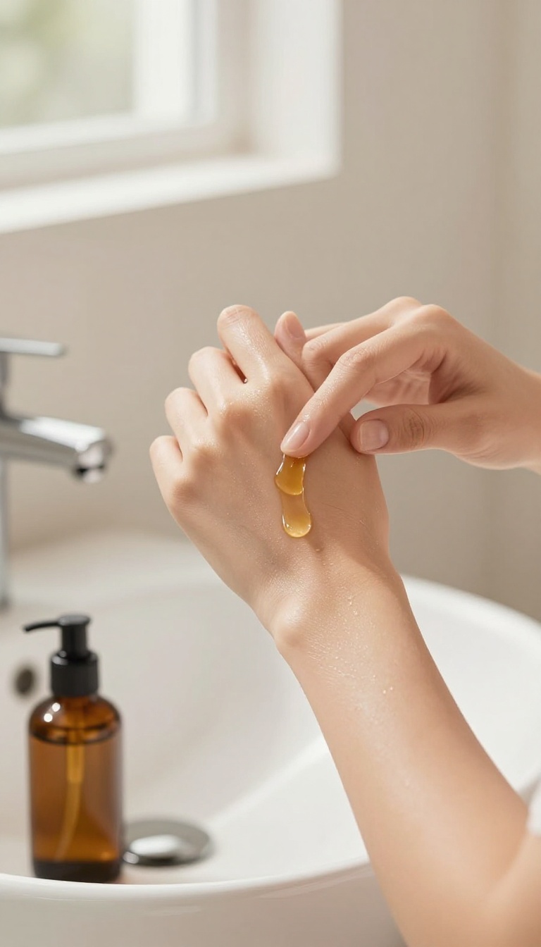 Woman applying body oil to damp skin in a bright bathroom, with a bottle of body oil nearby, illustrating the final step of a shower routine for soft, glowing skin.