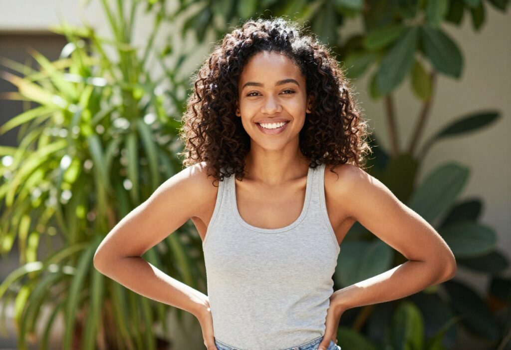 Confident woman with a natural glow smiling in a bright room