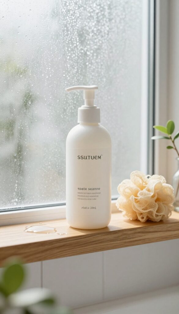 Gentle body wash bottle in a bright, clean shower setting with natural light and minimal decor.