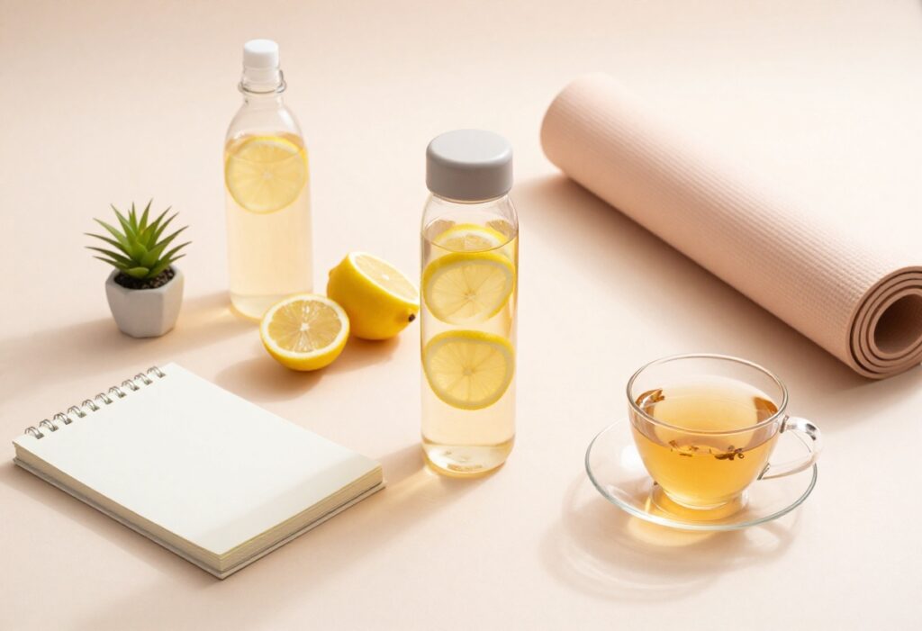 Self-care items arranged on a pastel background including water, journal, tea, and yoga mat