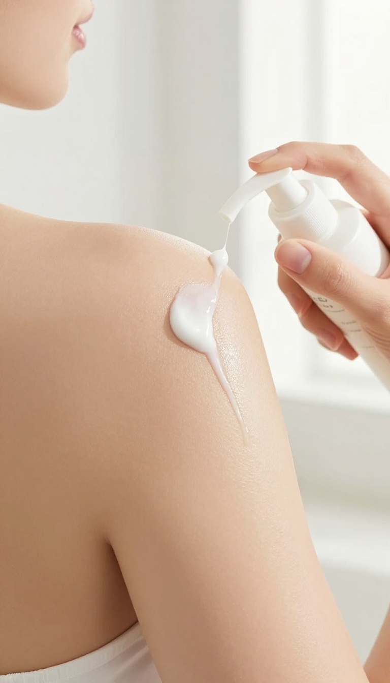 Woman applying niacinamide body lotion to her arm for smooth, glowing skin