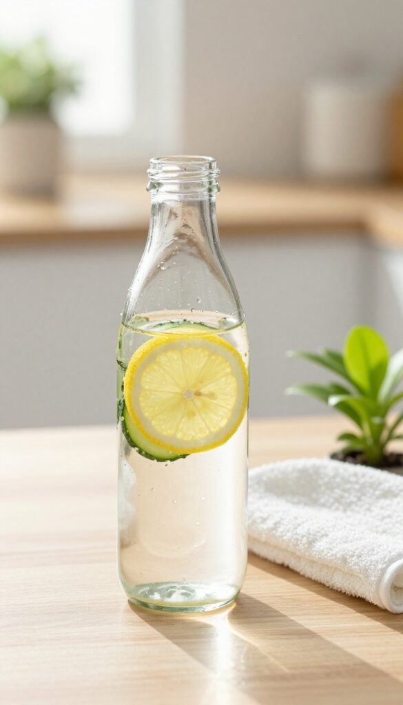 A glass water bottle with lemon and cucumber slices on a bright desk, symbolizing hydration for glowing skin