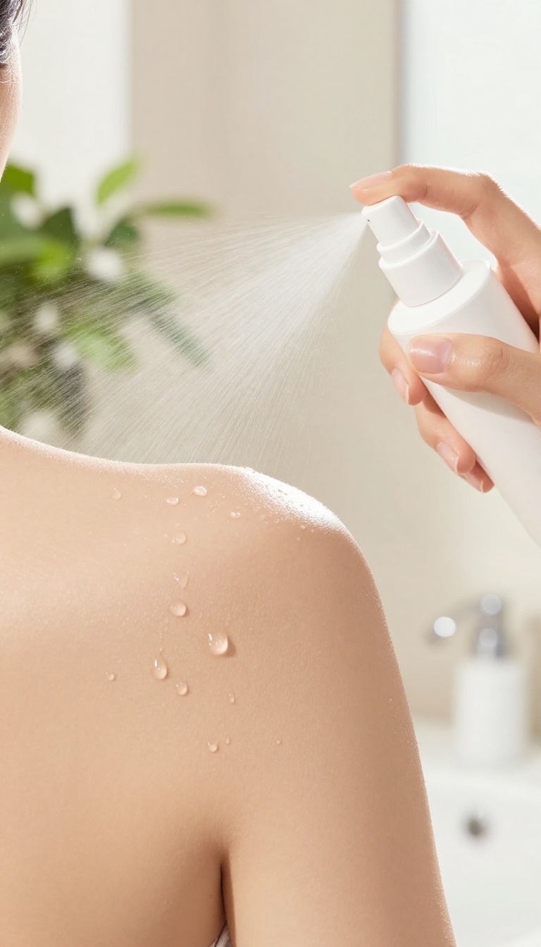 Woman applying sunscreen spray to her arm in a bright bathroom, with smooth glowing skin and natural light.