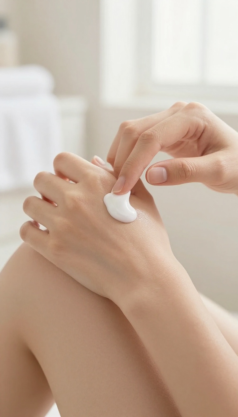 Woman applying fragrance-free lotion to her elbow in a bright bathroom