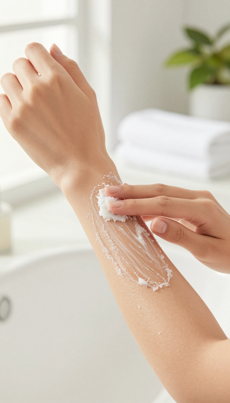 Woman exfoliating her arm with a gentle body scrub in a bright bathroom