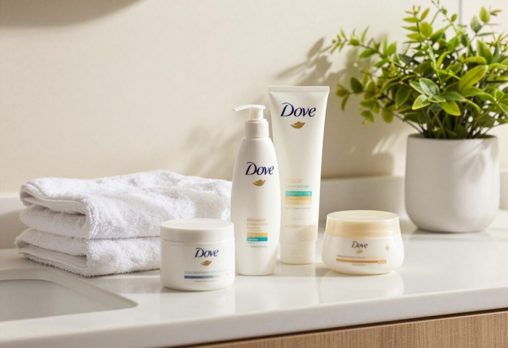 Dove body care products arranged on a bathroom counter with soft lighting
