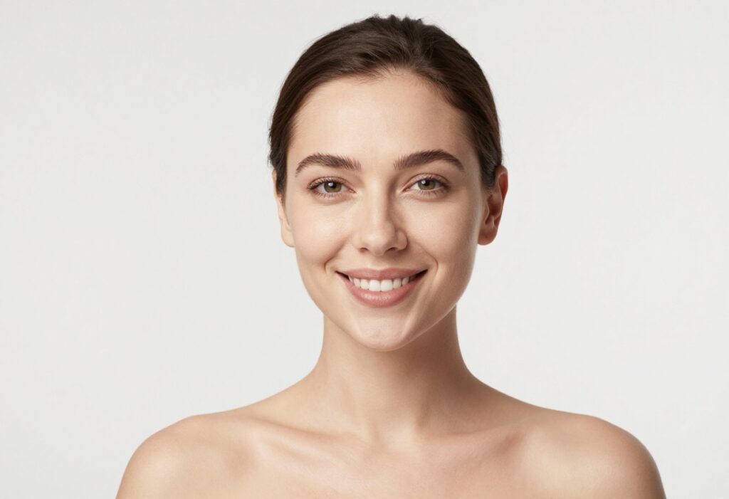 Woman with glowing, balanced skin smiling softly