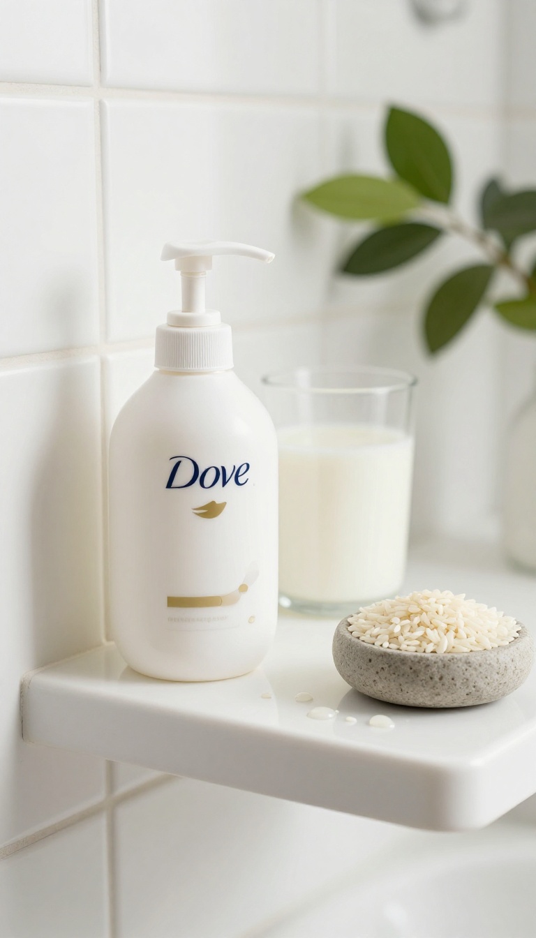 Dove body wash bottle with rice milk on a bathroom shelf, bright natural light, minimalist decor