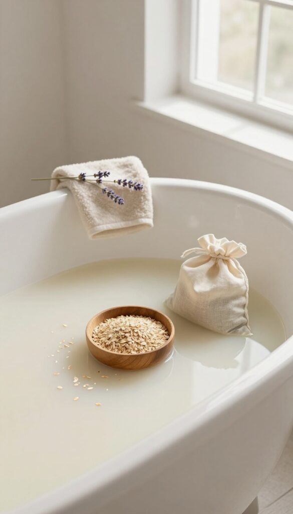 Oatmeal bath preparation in a bright, serene bathroom with a tub of milky water, ground oats, and a muslin bag.