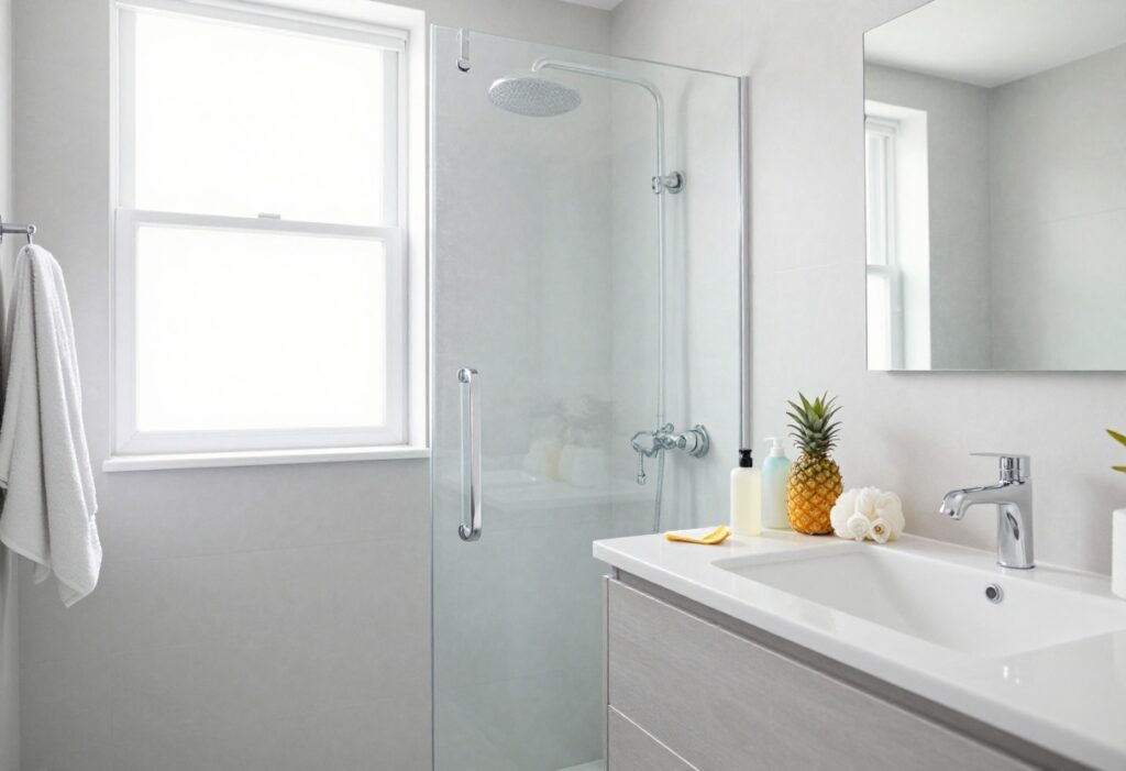 A well-organized shower with essential products for a polished routine.