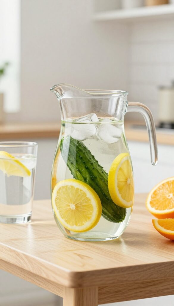 A glass pitcher of infused water with cucumber, lemon, and orange slices on a wooden table, symbolizing hydration for internal freshness.