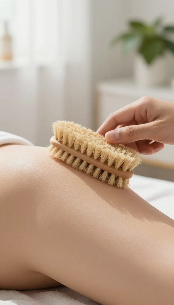 Person dry brushing their arm with a natural-bristle brush in a bright bathroom