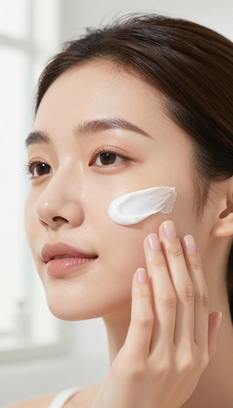 Woman exfoliating her face with cream in bright natural light