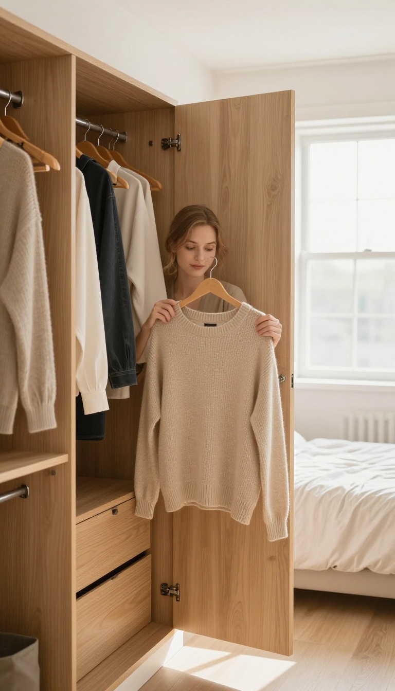 Woman editing her wardrobe in a bright, organized closet, holding a sweater.
