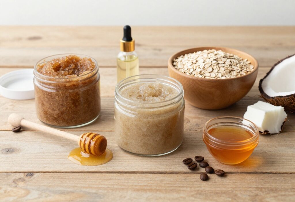 DIY body care ingredients and homemade products arranged on a wooden table