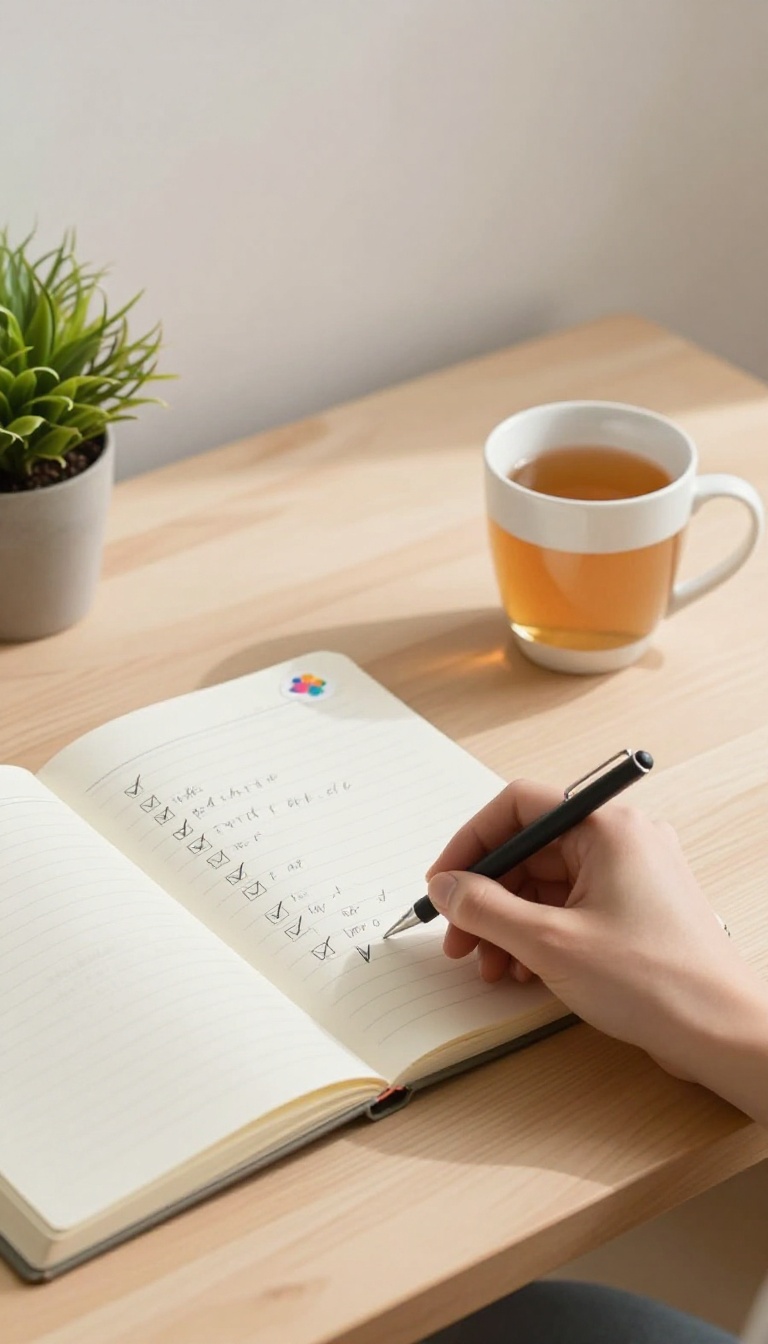 A student's desk with an open notebook showing checkmarks, a cup of tea, and a small plant, representing celebrating small wins.