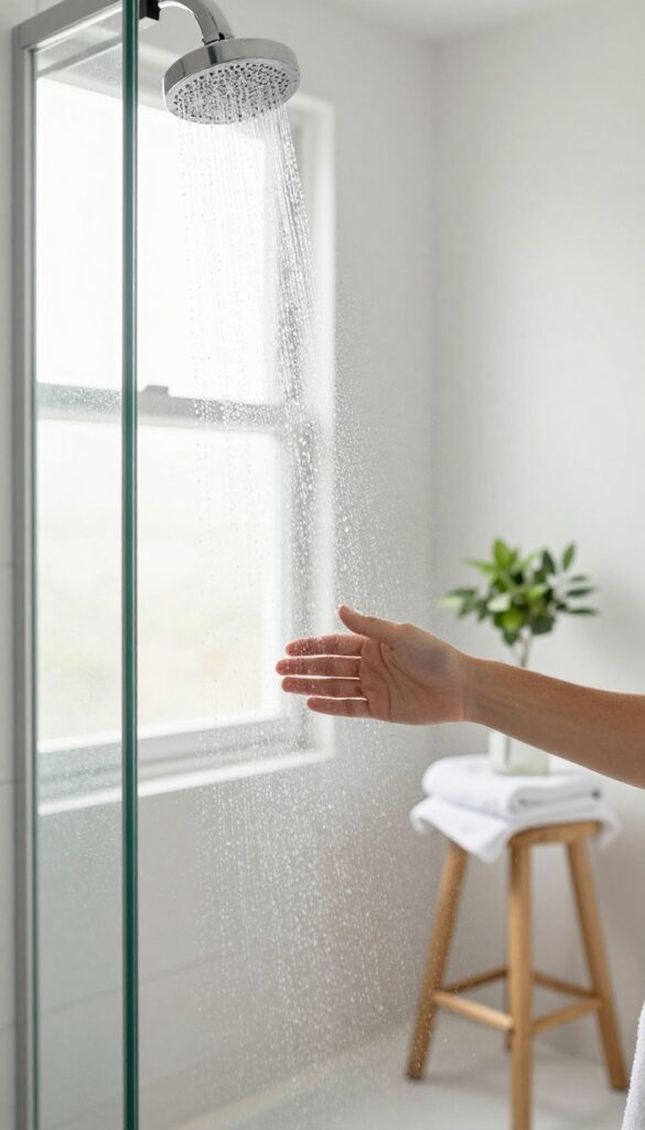 Person turning off a shower in a bright, clean bathroom, symbolizing a short shower to preserve skin moisture.