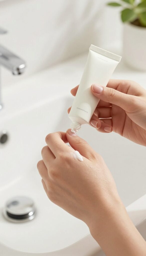 Hands applying hand cream from a travel-sized tube at a bathroom sink