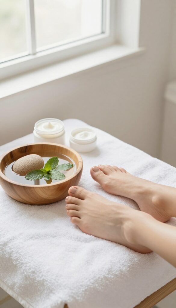 Relaxing foot care routine with soak, scrub, and moisturize steps in a bright bathroom setting.
