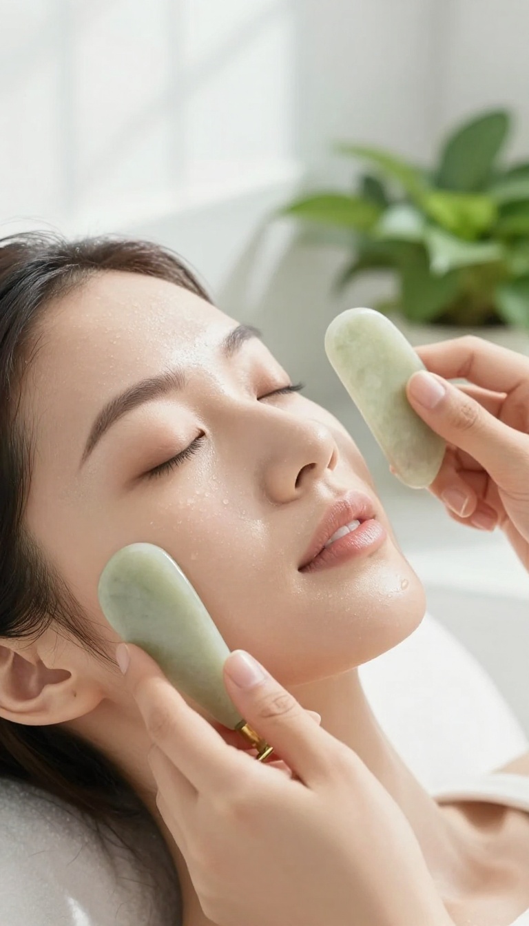 Woman using a jade roller and gua sha on her face in a bright bathroom