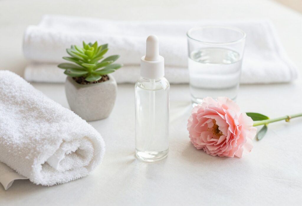 Flat lay of self-care items including skincare, water, and a plant on a pastel background