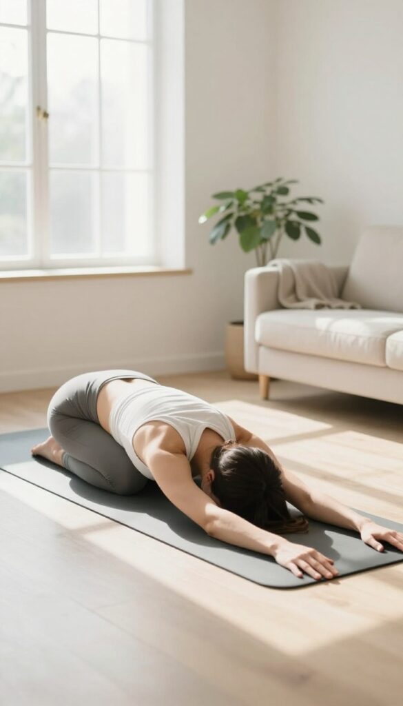 Person stretching on a yoga mat in a bright, calm living room
