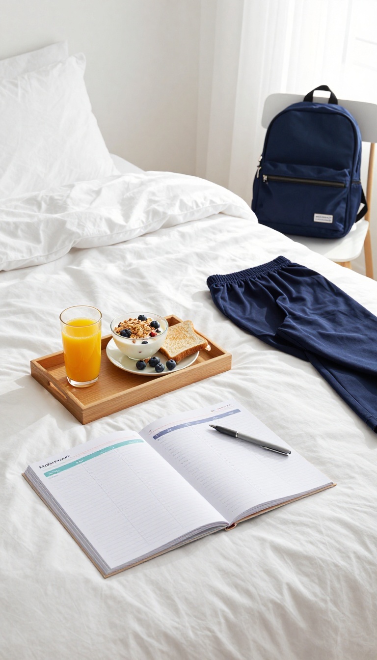 A bright, organized morning routine setup with breakfast, planner, and school outfit ready on a sunny bedroom floor.