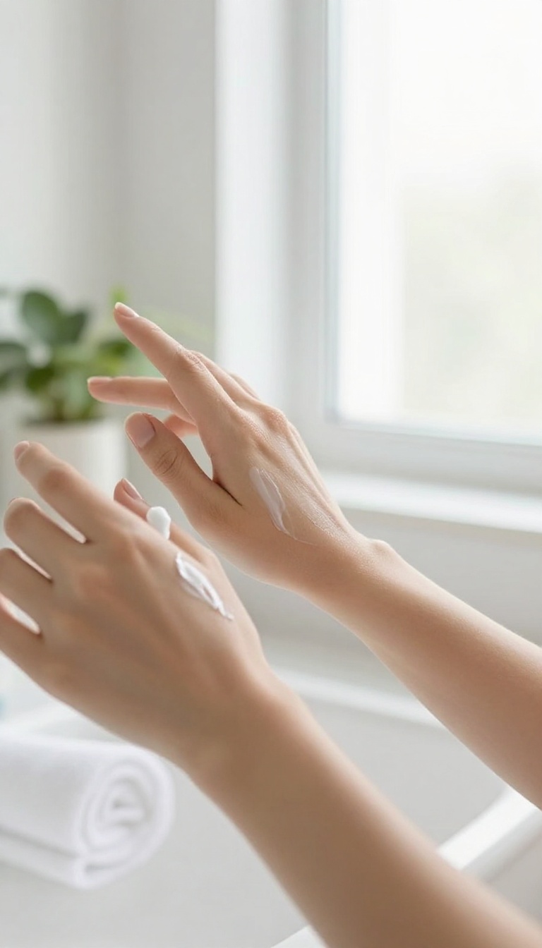 Woman applying lotion to her arm in a bright bathroom, symbolizing daily consistency in Korean body care