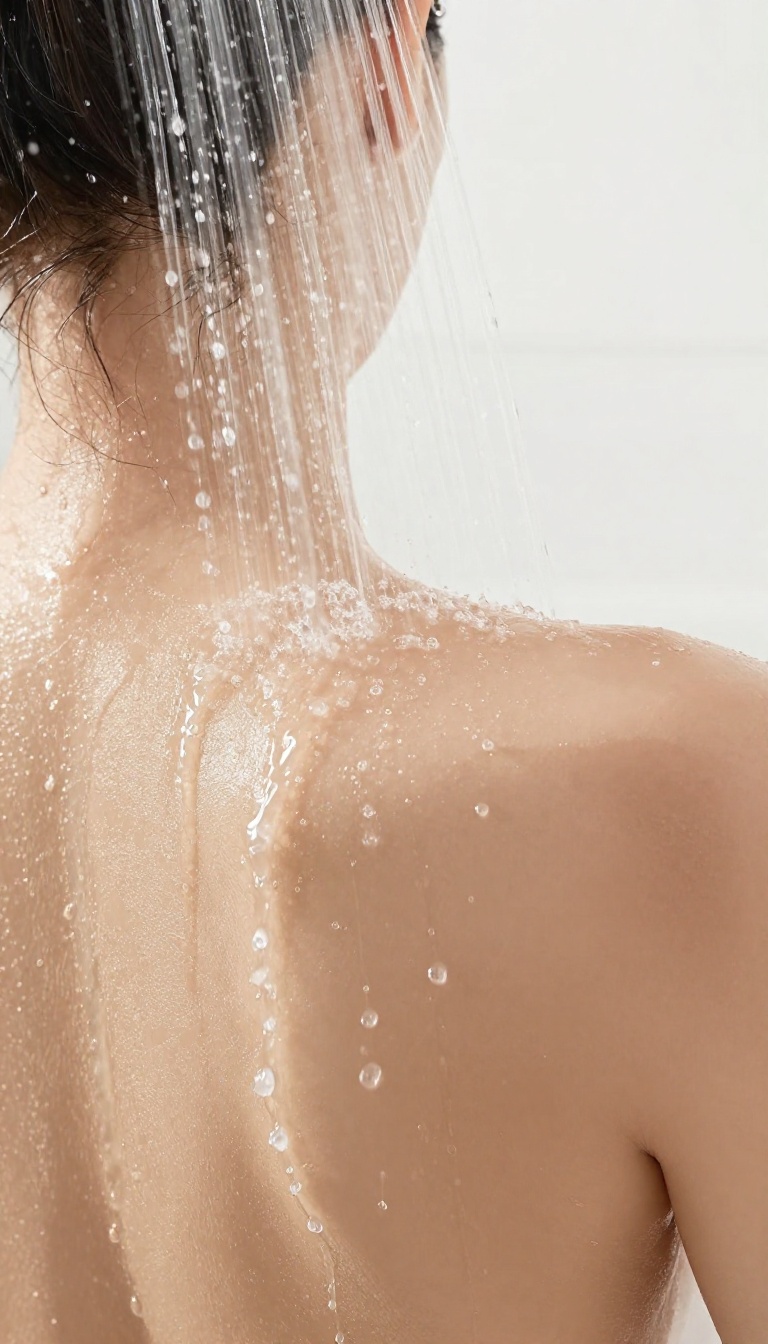 Person rinsing off in a bright shower, water flowing over clean skin