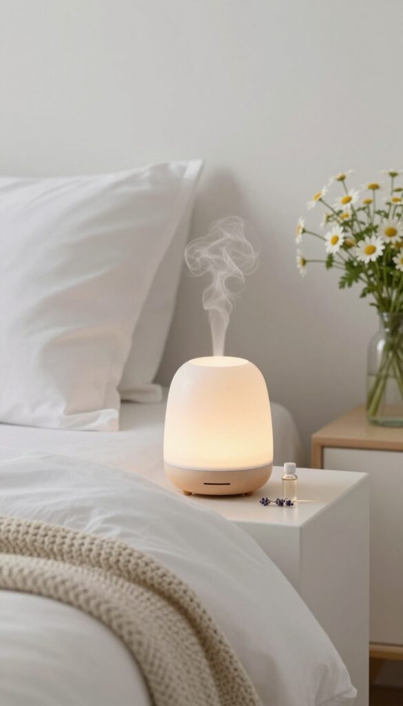 A calming bedroom scene with an essential oil diffuser and lavender oil on a nightstand, promoting relaxation and better sleep.