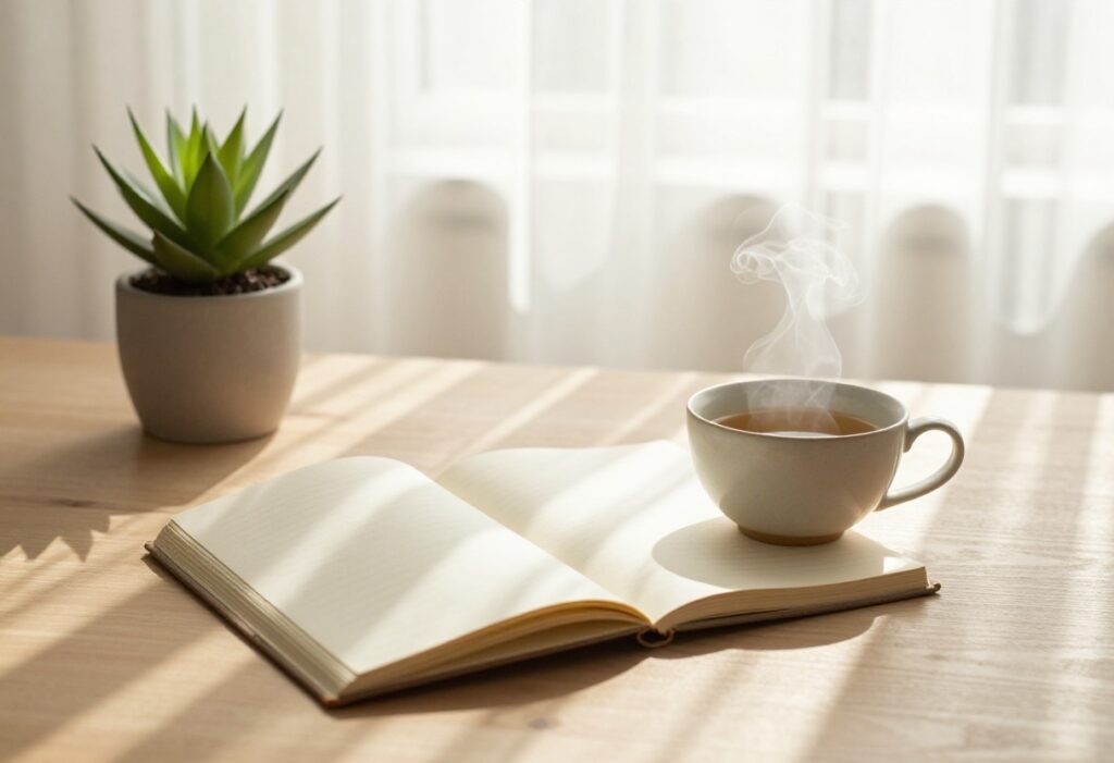A calm workspace with a journal and tea, symbolizing mental clarity and a mental glow up.