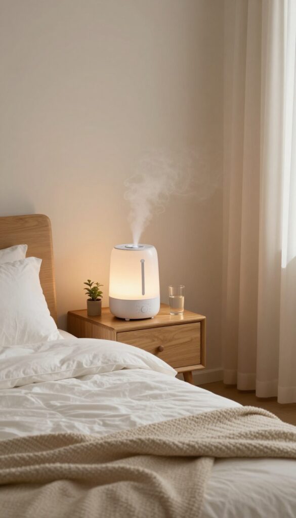 Cozy bedroom with a humidifier on a nightstand, emitting mist, promoting skin hydration and a restful night's sleep.