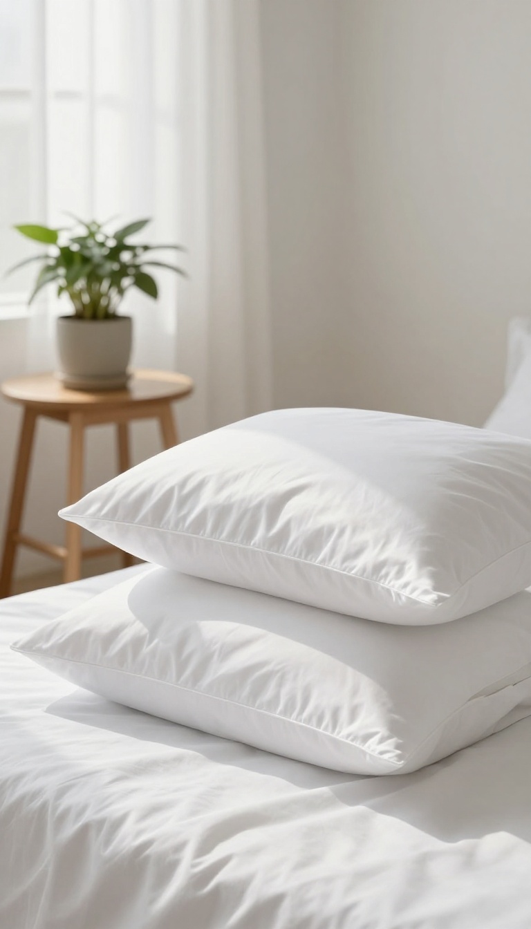 Fresh white pillowcase on a bed in a sunlit bedroom, symbolizing weekly pillowcase changes for clear skin