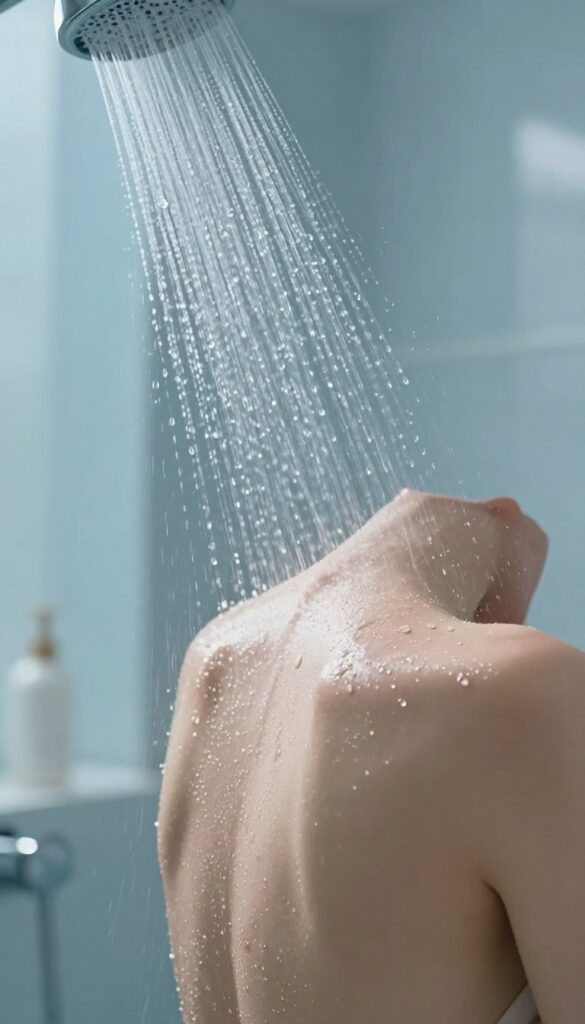 Woman enjoying a cool rinse in the shower, water droplets on her shoulders, glowing skin, bright natural light.