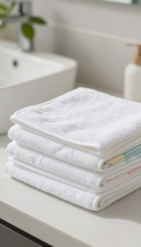 A neatly folded white face towel and a stack of pastel face cloths on a clean bathroom counter