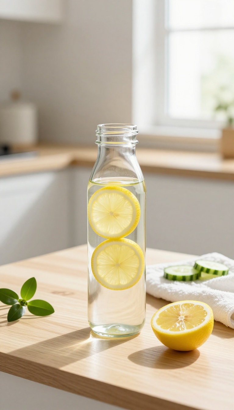 A clear water bottle with lemon and cucumber slices on a wooden table in bright natural light, with a green plant and towel nearby.