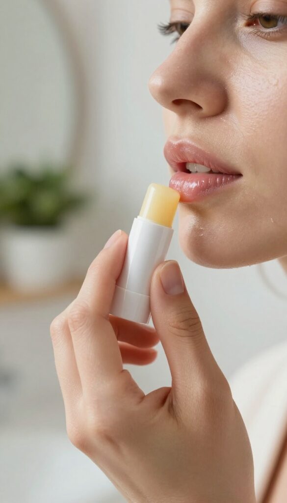 A woman applying lip balm in the morning light, with a blurred bathroom background.