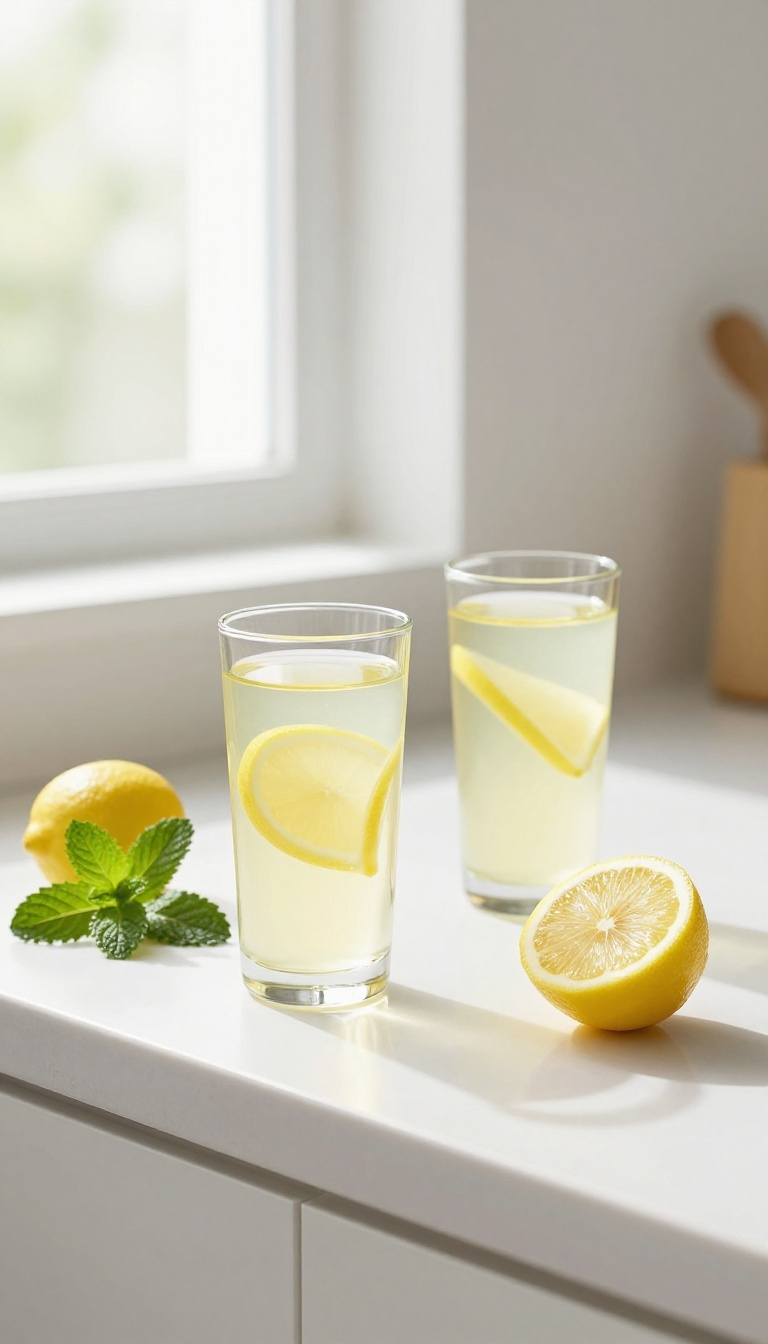 A glass of lemon water on a kitchen counter with fresh lemons and mint in soft morning light