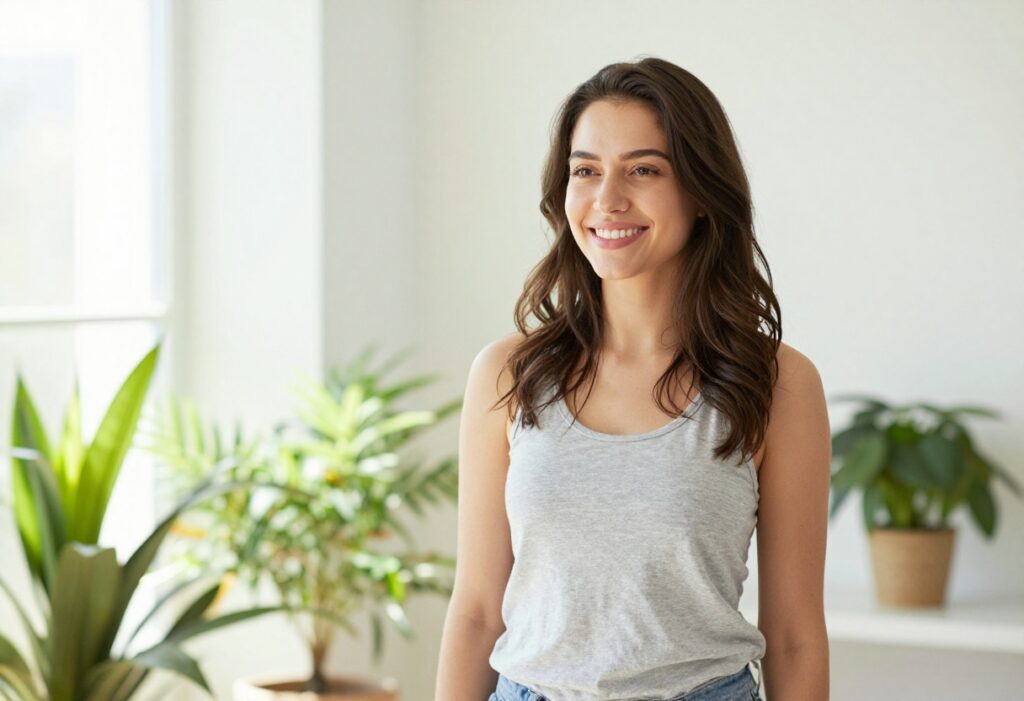 Woman with glowing skin smiling in natural light