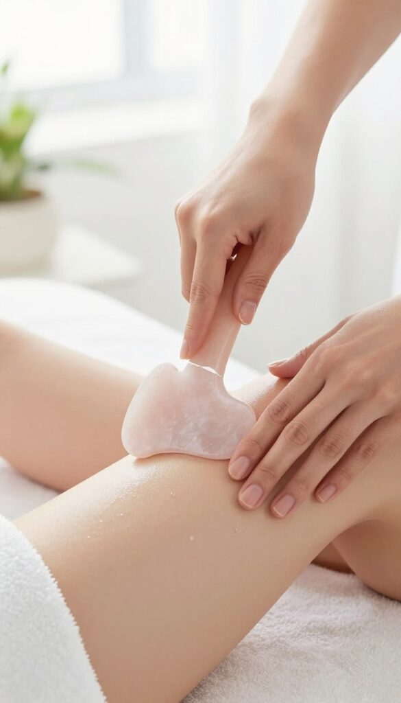 Woman massaging her thigh with a rose quartz gua sha tool in bright, clean spa-like setting