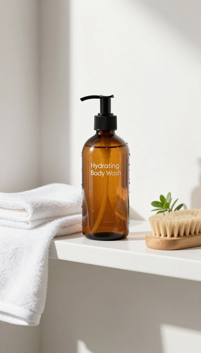 A hydrating body wash bottle on a bathroom shelf with natural light and spa-like decor
