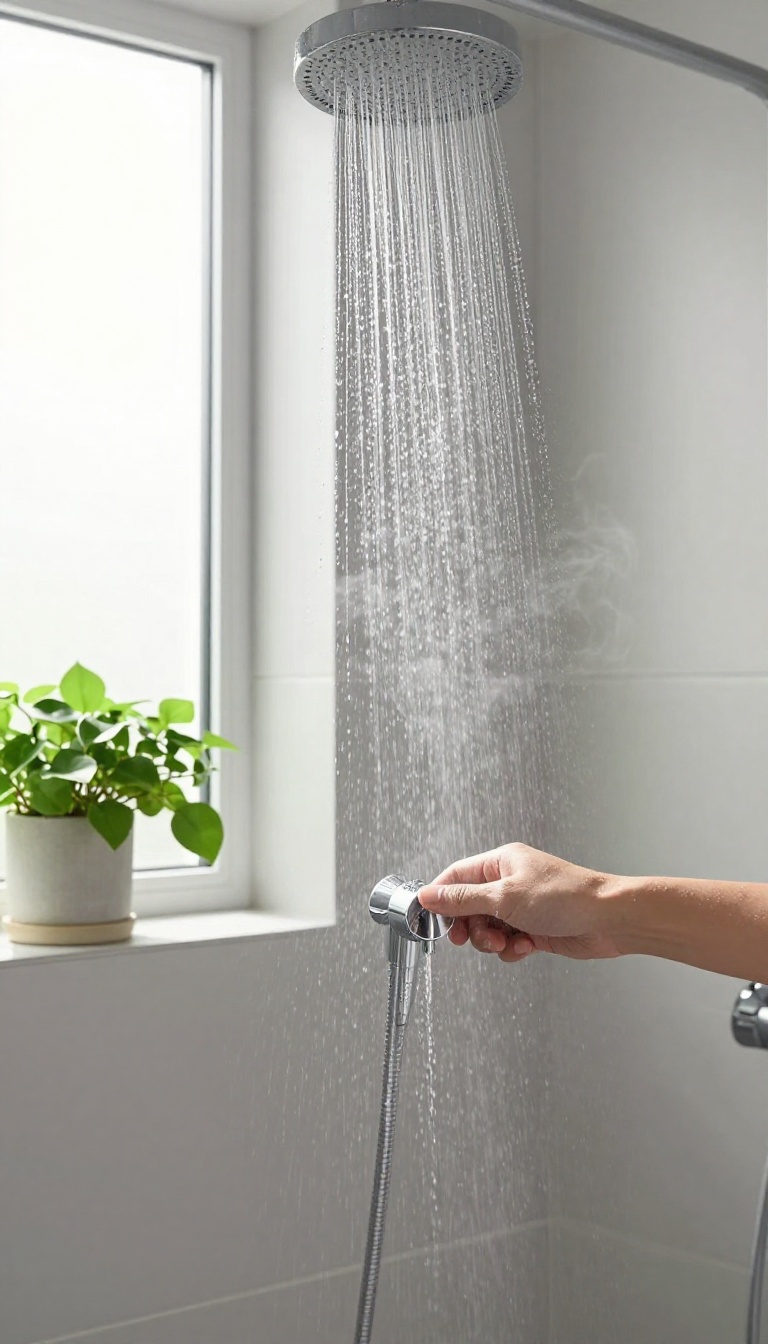 A person adjusting a shower knob to cold water, with steam and water droplets, in a bright, minimal bathroom.