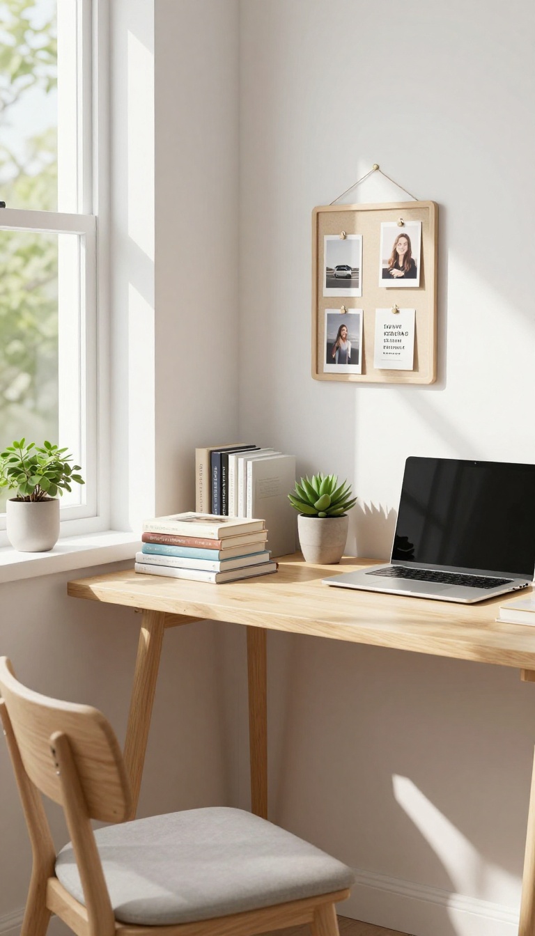 A cozy and organized study space with a desk, chair, lamp, and plant near a window, bathed in natural light.