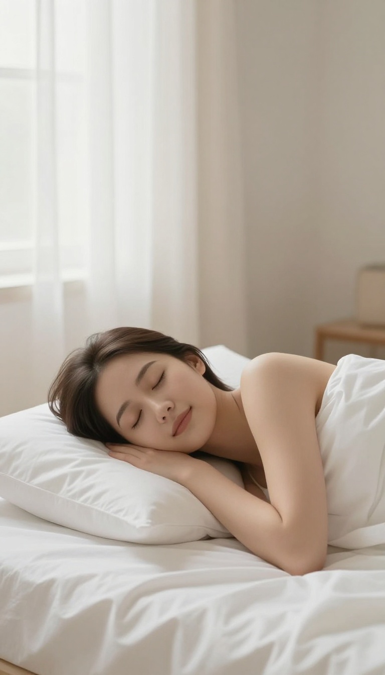 Woman sleeping peacefully on a silk pillowcase with glowing skin in a bright, airy bedroom.