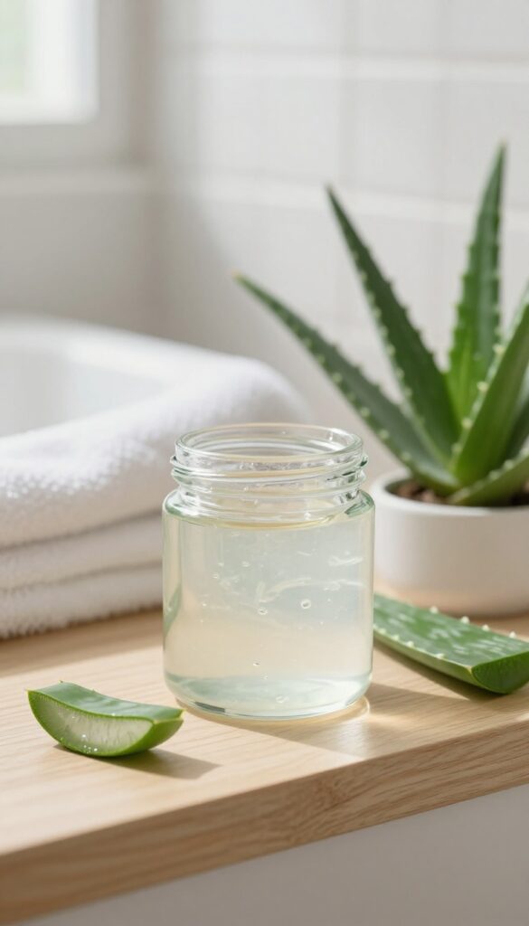 A clear jar of aloe vera gel on a wooden shelf with fresh aloe leaves in a bright bathroom